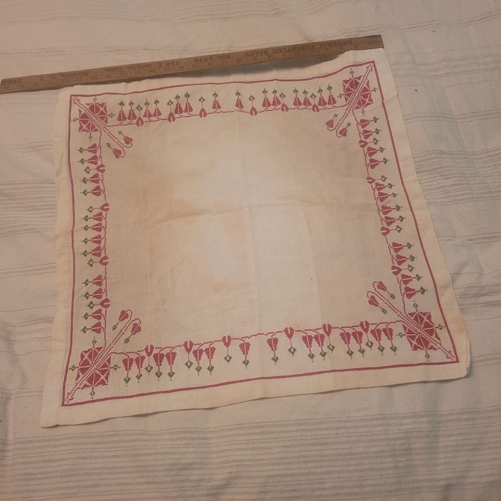 Embroidered Floral Border Linen Square - Red & Green 22" By 23" Approximately